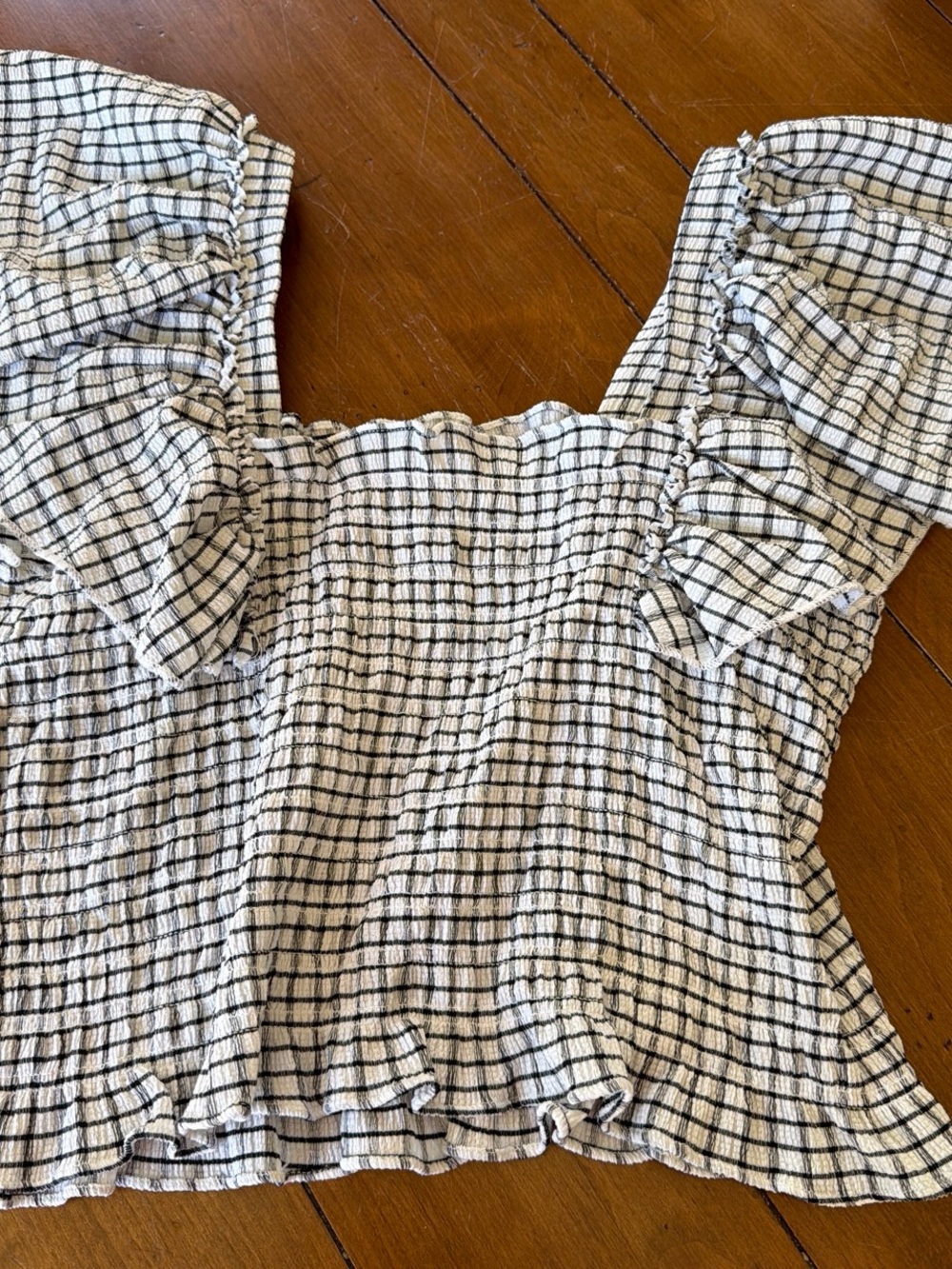 Anthropologie Black & White Smocked Plaid Crop Top